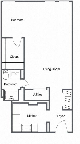 Floor plan for studio, 1 bath, 646 sqft
